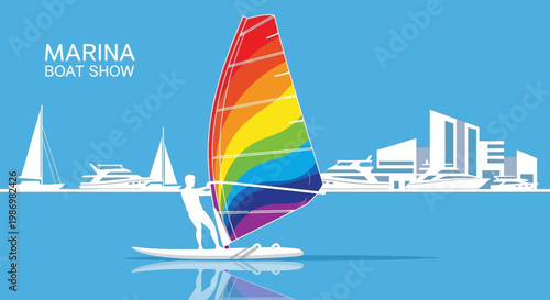 Marina Boat Show Featuring Vibrant Windsurfing Action And Sleek Yachts
