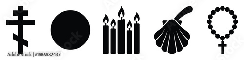 Religious Christian symbols set including cross host candles shell and rosary for spiritual design elements