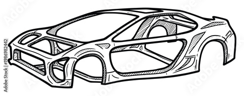 Sports car skeletal frame blueprint for automotive engineering, design development, and technical educational content.