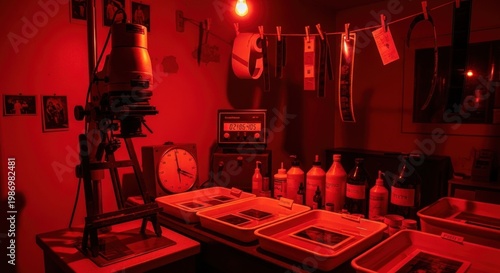 Darkroom photography lab with red lighting.