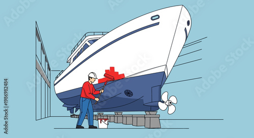 Maritime Maintenance Man Painting Large Yacht Exterior Hull Section