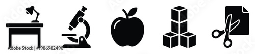 Collection of essential education and learning tools represented as black silhouette icons for school apps and teaching materials