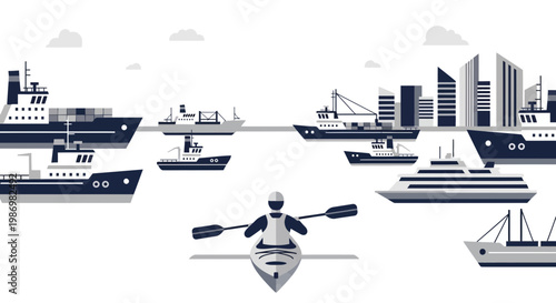 Maritime Vessels and Kayaker Amidst Urban Skyline A Global Trade Illustration