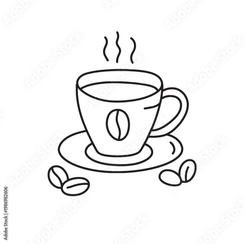 espresso cup and coffee beans, black and white outline doodle