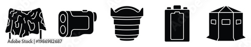 Essential outdoor hunting and wildlife photography equipment glyphs for adventure guides and product presentations