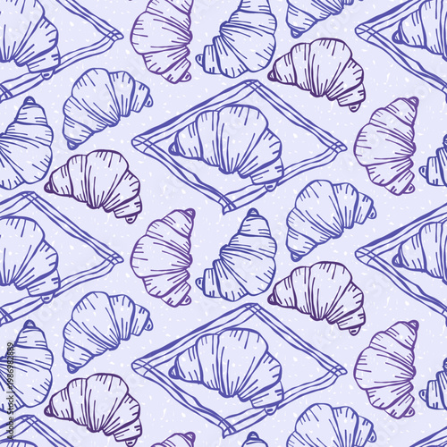 Hand drawn seamless pattern with French croissants on napkins over textured purple . Hand drawn line. Trendy linear food illustration for cafe menu, bakery packaging, kitchen textile or wrapping paper