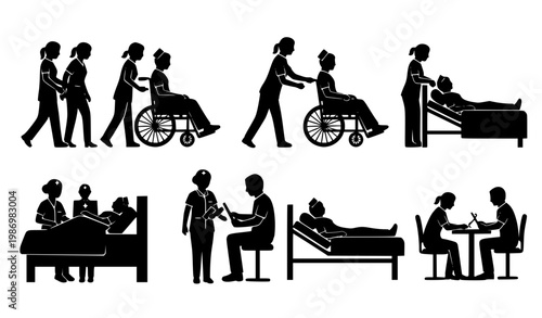 Nurse care silhouette scenes black vector healthcare patient assistance and support design set