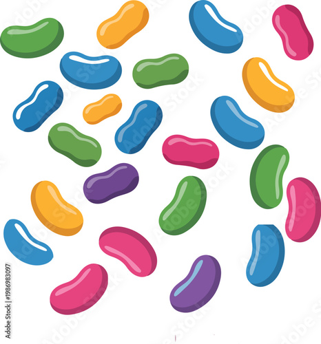 Vibrant Jelly Beans on White Background. Cartoon fruity jelly beans. Chewy candy sweets with fruit flavors. Flat vector illustration set of colorful gummies for kids, desserts, party. Cute Jelly Bean 