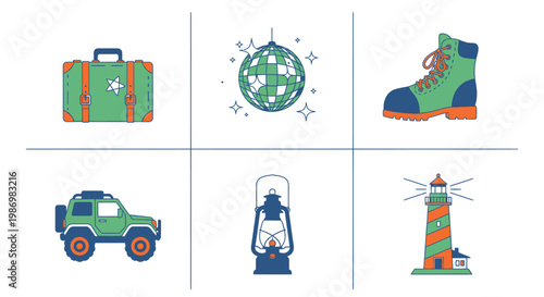 Collection of illustrated travel and adventure related objects on white