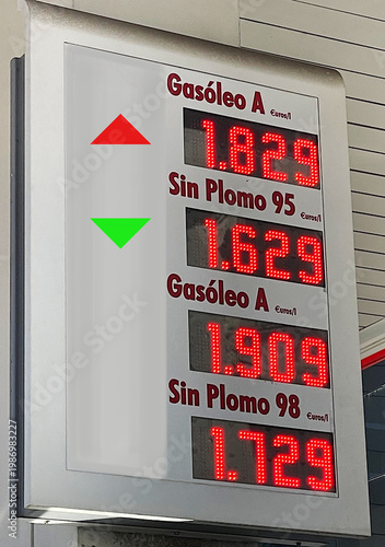 Foto Cartel precio de gasolina sube y baja con flecha roja y verde por inflación y fl