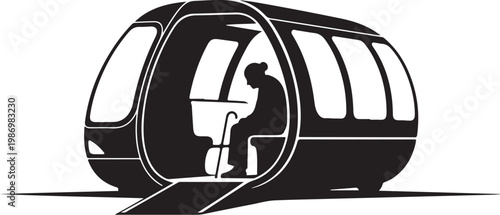 Monochrome capsule train, futuristic transportation, black and white illustration, vector graphics