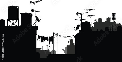 Rooftop Urban Silhouette with Antennas and Water Tanks