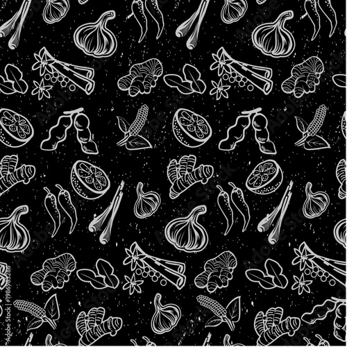 Seamless Pattern of Spices and Herbs on Black Background, Hand Drawn Food Illustration