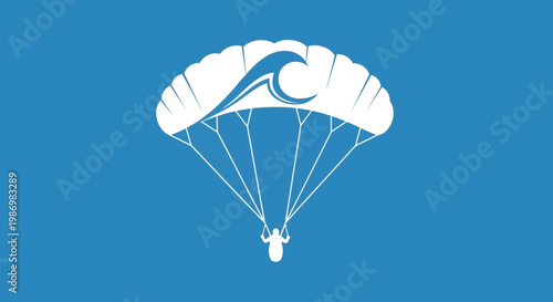 Minimalist Parachuter Descending With Oceanic Wave Symbol