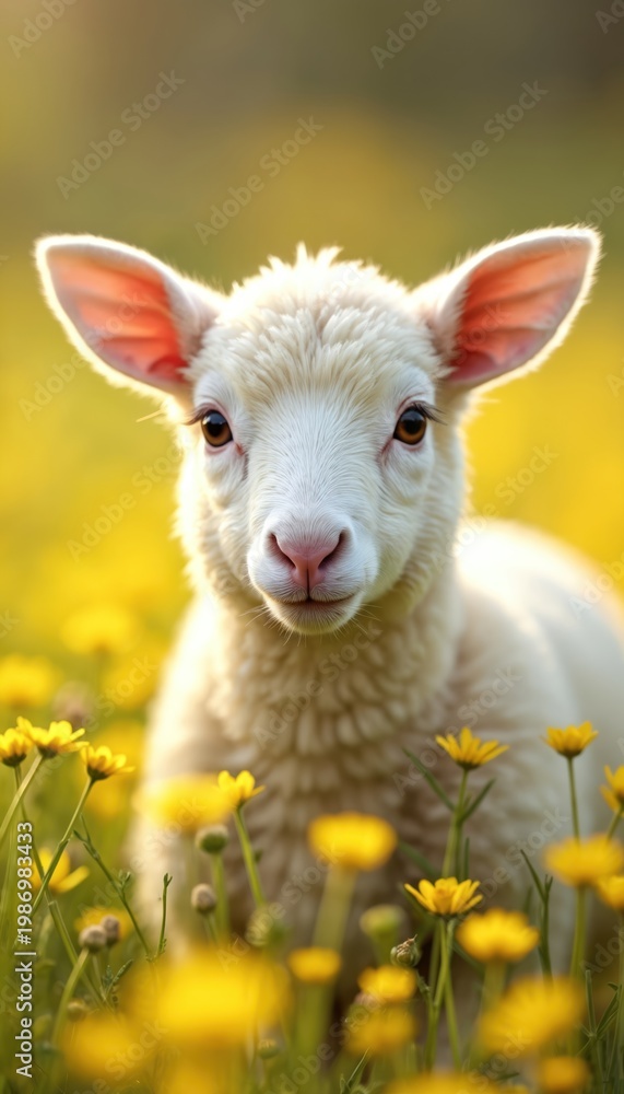 Obraz premium Young white lamb stands in bright yellow flower field during daytime. Cute ovine with fluffy wool looks into camera with big curious eyes. Spring meadow with blooming plants. Peaceful nature scene.