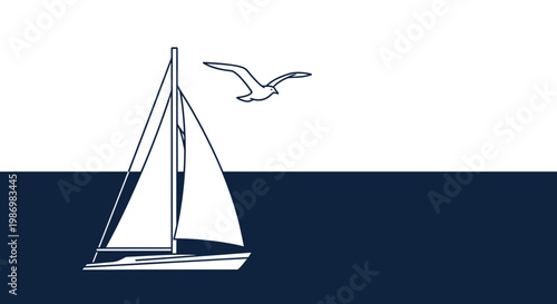 Minimalist Sailboat And Seagull Sailing On Blue Sea Horizon