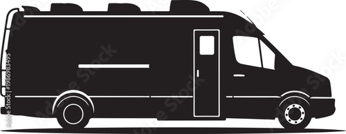 Black camper van, motorhome silhouette, RV icon, vehicle illustration