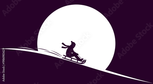 Minimalist Silhouette Of Person Sledding Downhill Against A Large White Circle