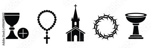Sacred Christian symbols featuring chalice, rosary, church, crown of thorns, and holy cup perfect for religious education and spiritual themed visuals