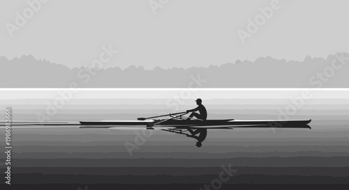 Minimalist Silhouette Rowing Boat On Calm Water With Mountain Mist Background