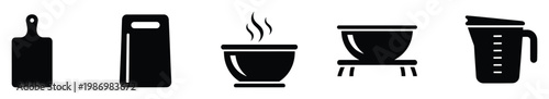 Essential kitchen tools and cooking utensils black icons for culinary websites or recipe applications