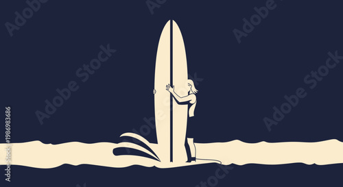 Minimalist Surfer Girl With Surfboard Embracing Ocean Waves And Sea