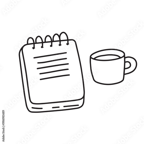 notebook and espresso cup, black and white outline doodle