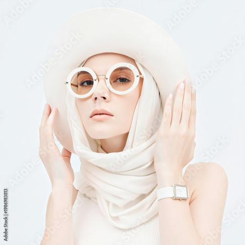 Portrait of a stylish young woman in white round sunglasses and vintage hat, high fashion concept
