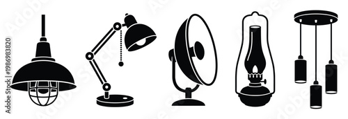 Diverse lamp collection featuring pendant, desk, studio, lantern, and chandelier for interior projects