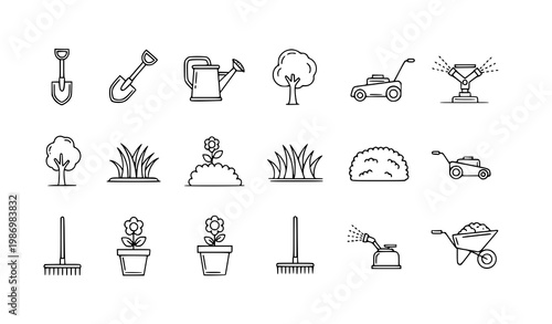 Landscaping outline icon set vector with garden tools tree lawn mower watering editable stroke linear collection