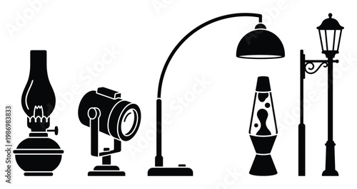 Various lighting fixtures and lamps like oil lamps, floor lamps, lava lamps, and streetlights for design.