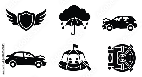 Insurance and safety icons auto accidents, weather events, water activities, and financial security planning