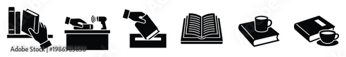 Essential book and library service glyphs representing borrowing scanning returning and personal reading time