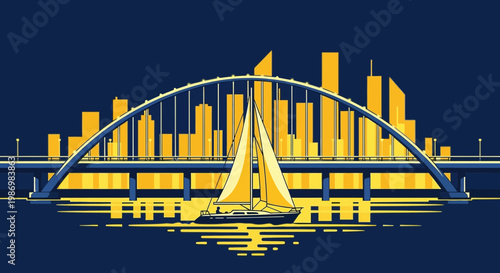 Modern Arch Bridge Over Water With Sailboat And City Skyline