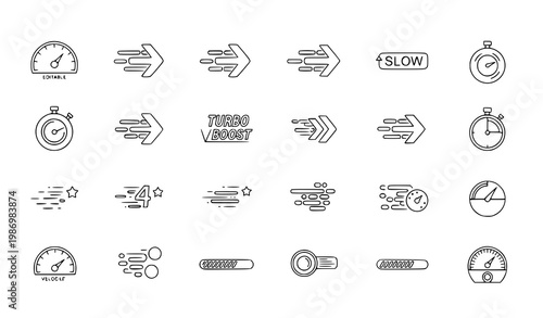 Speed outline icon set vector with fast slow turbo speedometer performance editable stroke linear collection