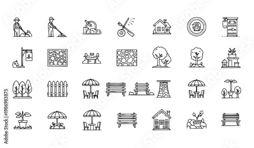 Landscaping service outline icon set vector with gardener lawn care patio design editable stroke linear collection