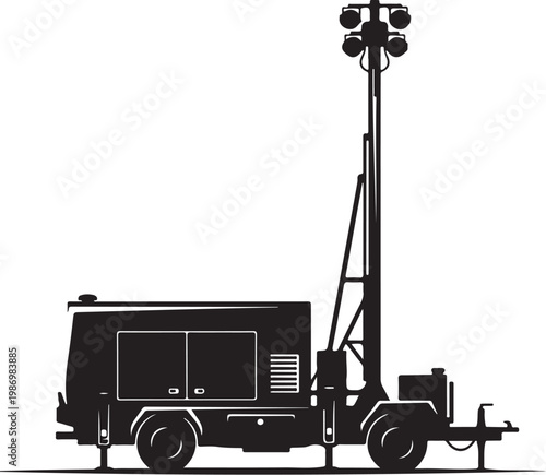 Mobile lighting truck, floodlight tower, construction vehicle, industrial equipment, black silhouette