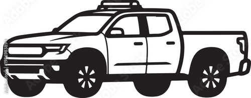 Black pickup truck, vector truck icon, automotive silhouette, transportation illustration