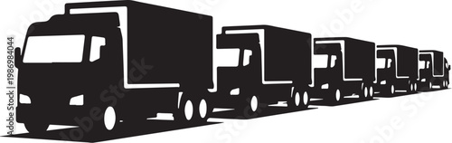 Truck convoy, semi-truck silhouettes, black and white vehicles, transportation icons, fleet graphics