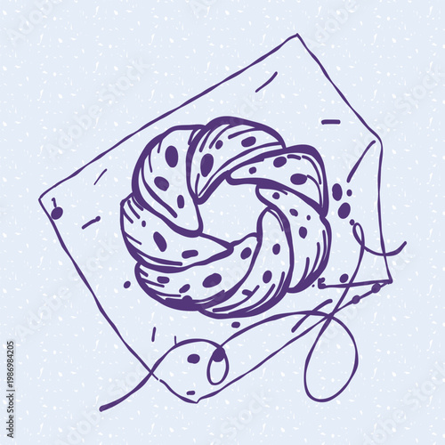 Hand drawn illustration of a fresh braided bagel with seeds on a napkin. Hand drawn line art. Trendy linear food element for bakery cafe menu, French breakfast recipe book, or kitchen posters