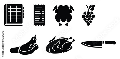 Cooking and grocery symbols showing recipe book, shopping list, chicken, grapes, eggplant, and a knife