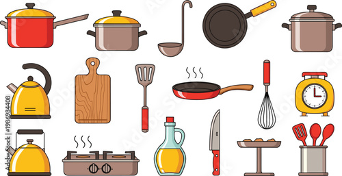 Kitchen Utensils Vector Set Cooking Tools Pot Pan Knife Whisk Illustration