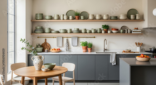 A well-organized, modern kitchen with open shelving displaying ceramic tableware and a wooden dining table in the foreground