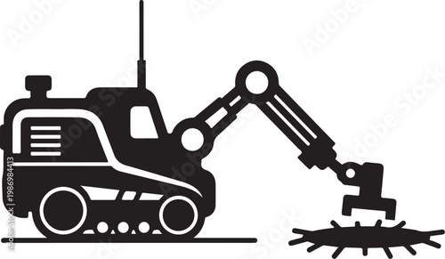 Black silhouette excavator icon, heavy machinery symbol, construction equipment sign, industrial vehicle illustration