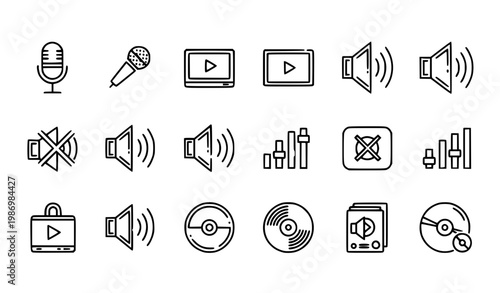 set of icons for web Audio video multimedia outline icons volume control mute microphone cd vinyl vector line set editable
