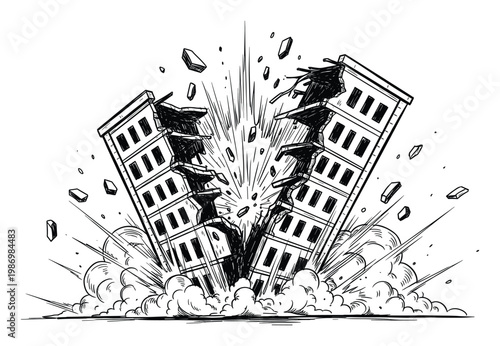 Dynamic drawing of a building exploding and collapsing, depicting powerful destruction and flying debris.