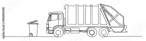 Single line sketch of a refuse collection vehicle and wheeled dumpster symbolizing urban waste management and recycling solutions