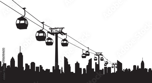City skyline, cable car, urban landscape, black silhouette, modern transportation