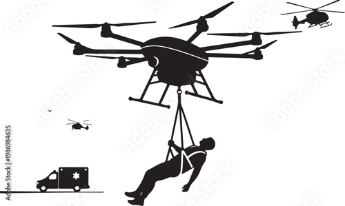 Rescue drone, aerial lifesaving, helicopter silhouette, emergency response, black vector icons