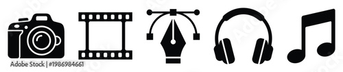 Universal black glyphs depicting camera, film, drawing tool, headphones, and musical notes for diverse media projects.